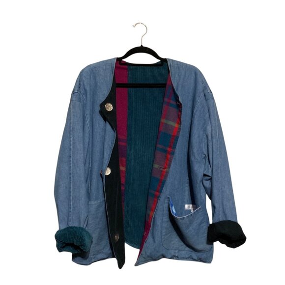 VTG Denim Barn Coat Jacket OOAK Patches Car Appliqué Plaid Lining OS Grandma Y2K - Picture 7 of 14